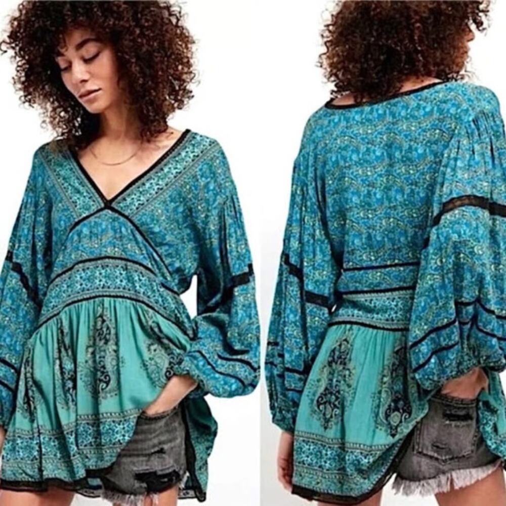 Free People Women's Luna Scarf Print Tunic Blouse S Ocean Combo Flowy Boho Top - Picture 9 of 9